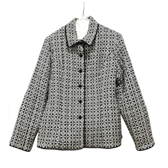 Silkland Pure Silk Jacket Geometric Black White Quilted Women’s M Artsy - Picture 1 of 11